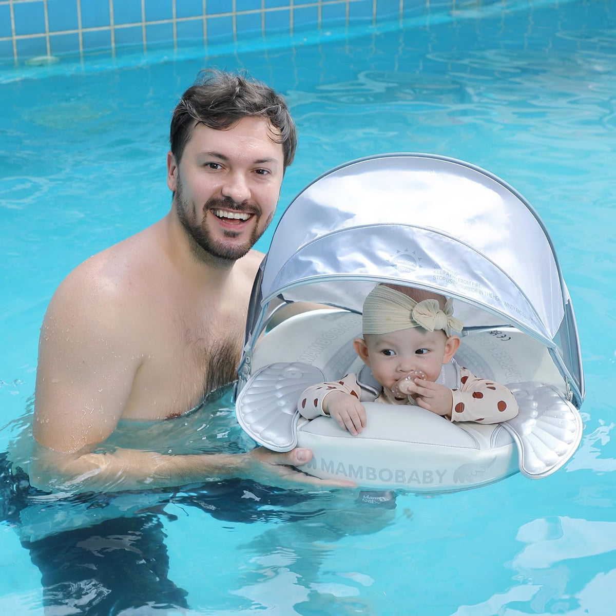 Mambobaby Baby Swim Float with Canopy, Non-Inflatable Solid Baby Float, Upgrade Soft Skin-Friendly Material Infant Swim Float - PuriLite