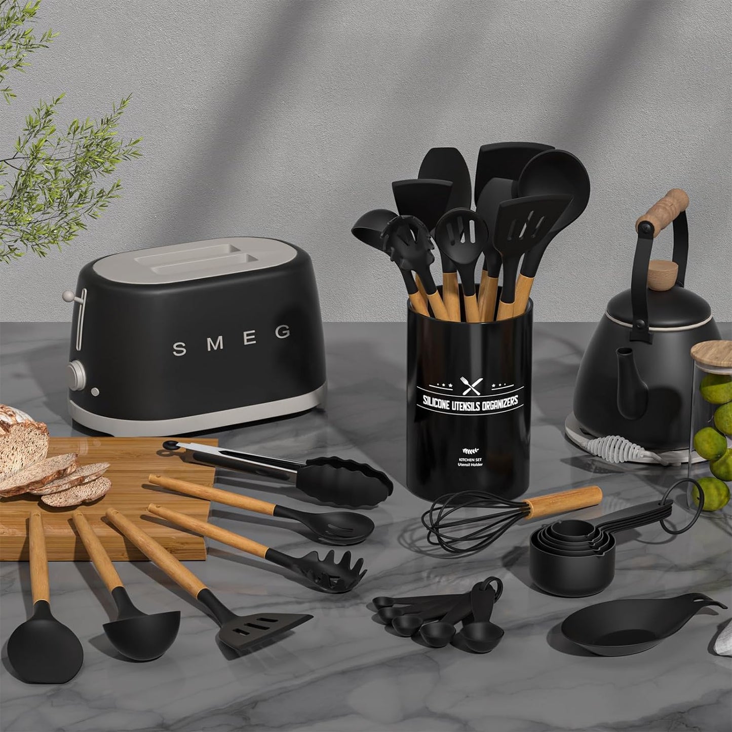 Umite Chef Kitchen Cooking Utensils Set, 33 pcs Non-Stick Silicone Cooking Kitchen Utensils Spatula Set with Holder, Wooden Handle Silicone Kitchen Gadgets Utensil Set (Khaki) - PuriLite