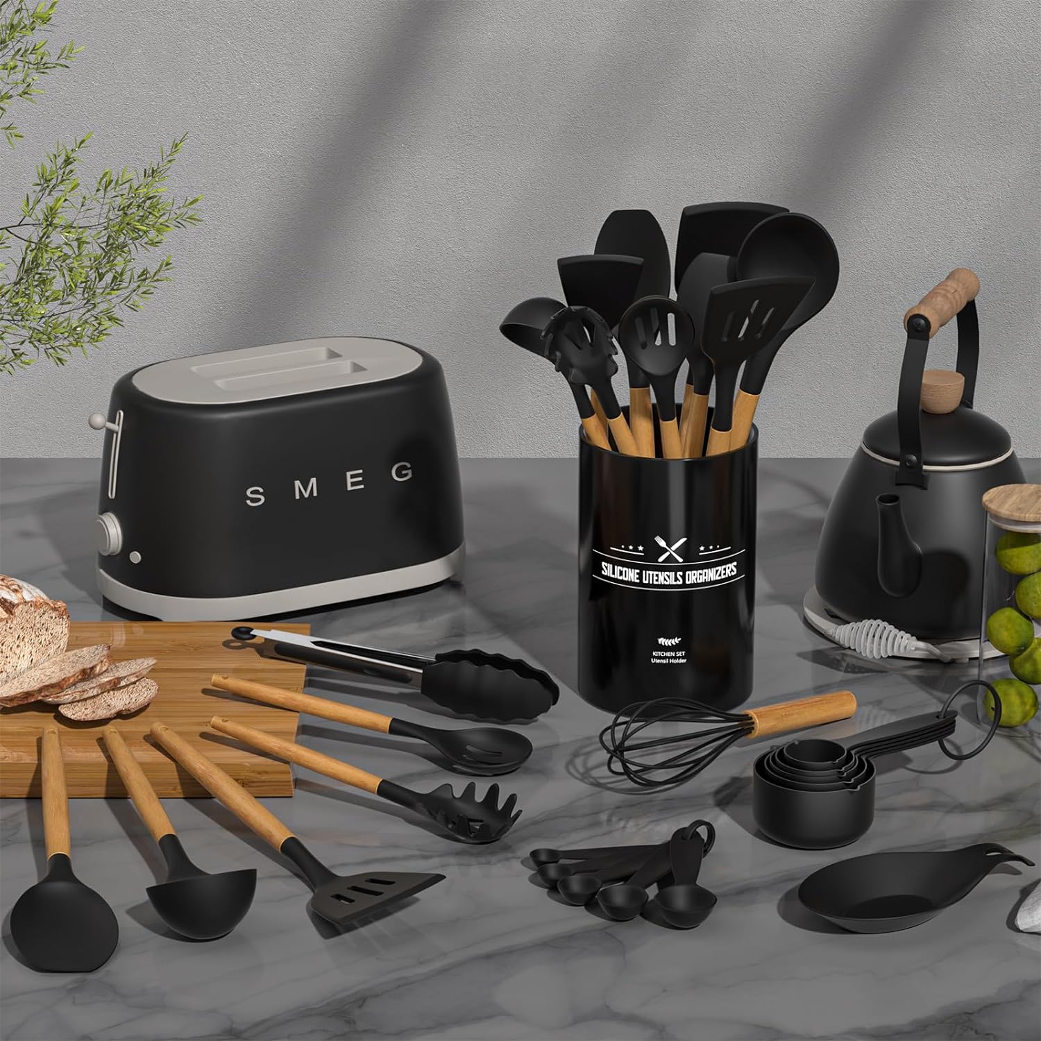 Umite Chef Kitchen Cooking Utensils Set, 33 pcs Non-Stick Silicone Cooking Kitchen Utensils Spatula Set with Holder, Wooden Handle Silicone Kitchen Gadgets Utensil Set (Khaki) - PuriLite