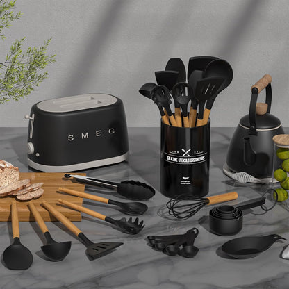 Umite Chef Kitchen Cooking Utensils Set, 33 pcs Non-Stick Silicone Cooking Kitchen Utensils Spatula Set with Holder, Wooden Handle Silicone Kitchen Gadgets Utensil Set (Khaki) - PuriLite