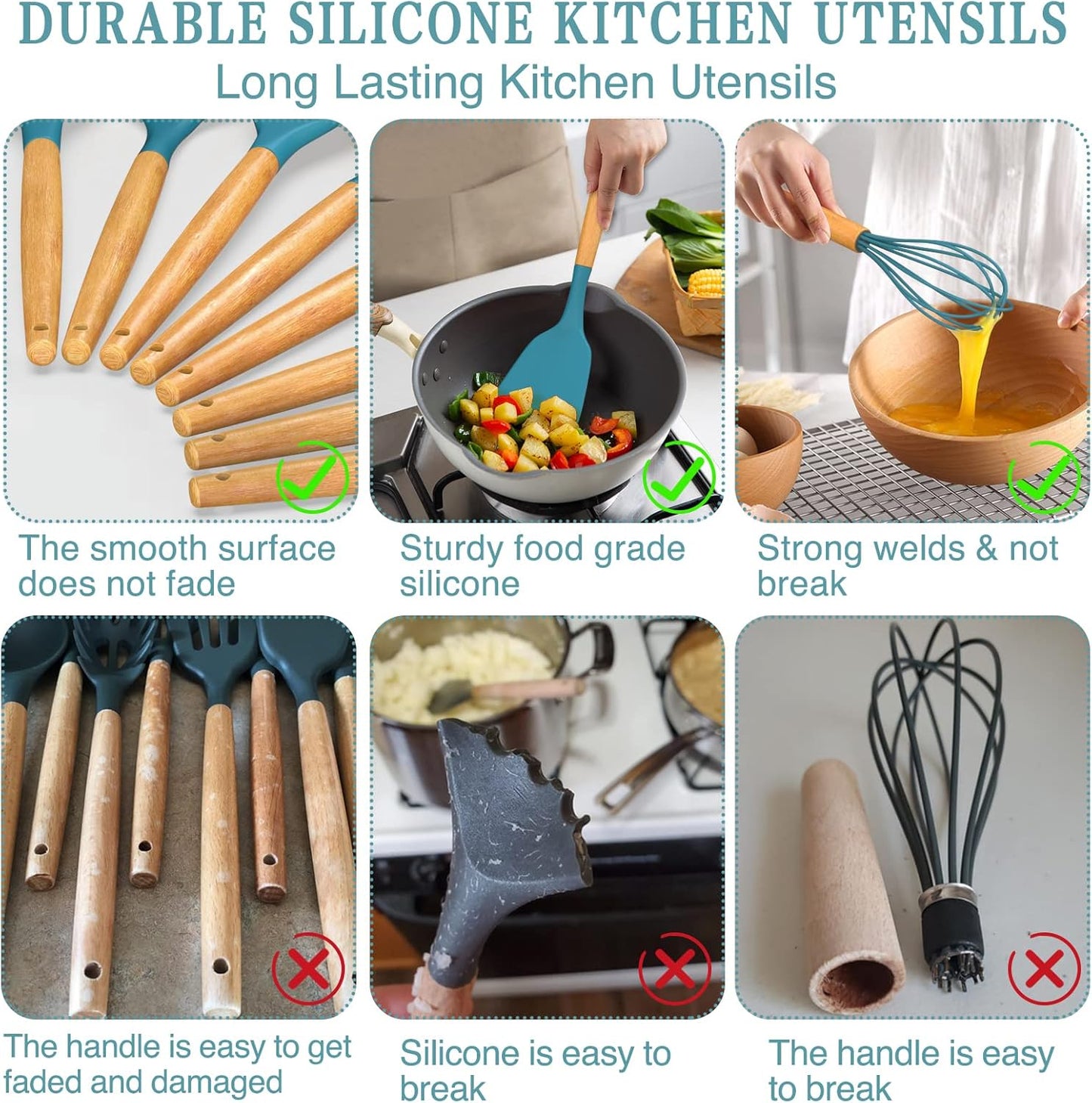 Umite Chef Kitchen Cooking Utensils Set, 33 pcs Non-Stick Silicone Cooking Kitchen Utensils Spatula Set with Holder, Wooden Handle Silicone Kitchen Gadgets Utensil Set (Khaki) - PuriLite