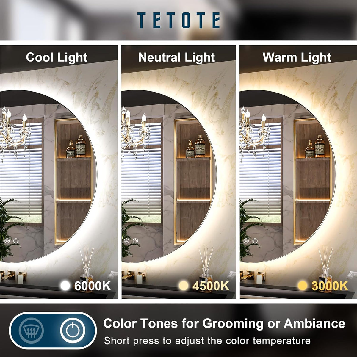 TETOTE 28 Inch Round LED Bathroom Vanity Mirror, Anti-Fog Dimmable Lights IP54 Waterproof Circle Makeup Wall Mounted Mirror - PuriLite