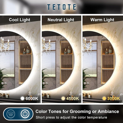TETOTE 28 Inch Round LED Bathroom Vanity Mirror, Anti-Fog Dimmable Lights IP54 Waterproof Circle Makeup Wall Mounted Mirror - PuriLite