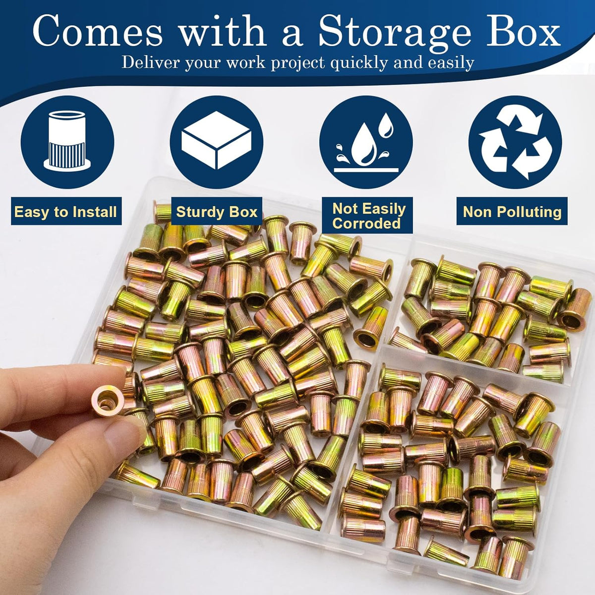 Vifmy Metric & SAE Rivet Nut Assortment Kit(420 Pcs),m3 m4 m5 m6 m8 m10 m12#6-32#8-32#10-24 1/4"-20 5/16"-18 3/8"-16 UNC Flat Head Rivnut Set,Zinc Plated Finish Carbon Steel Nutsert - PuriLite
