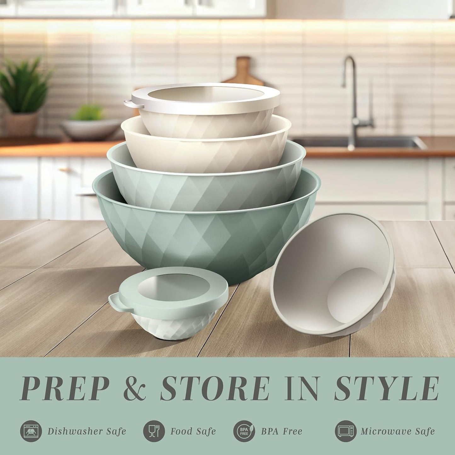 COOK WITH COLOR Mixing Bowls with TPR Lids - 12 Piece Plastic Nesting Bowls Set Includes 6 Prep Bowls and 6 Lids, Microwave Safe Mixing Bowl Set (Mint) - PuriLite