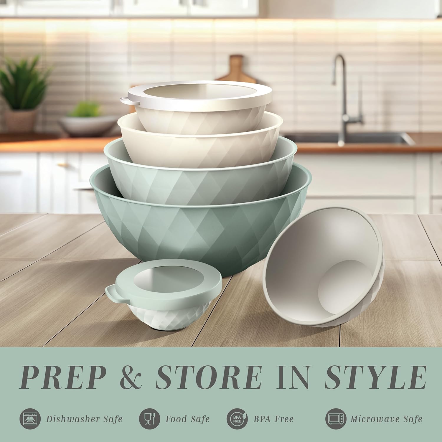COOK WITH COLOR Mixing Bowls with TPR Lids - 12 Piece Plastic Nesting Bowls Set Includes 6 Prep Bowls and 6 Lids, Microwave Safe Mixing Bowl Set (Mint) - PuriLite