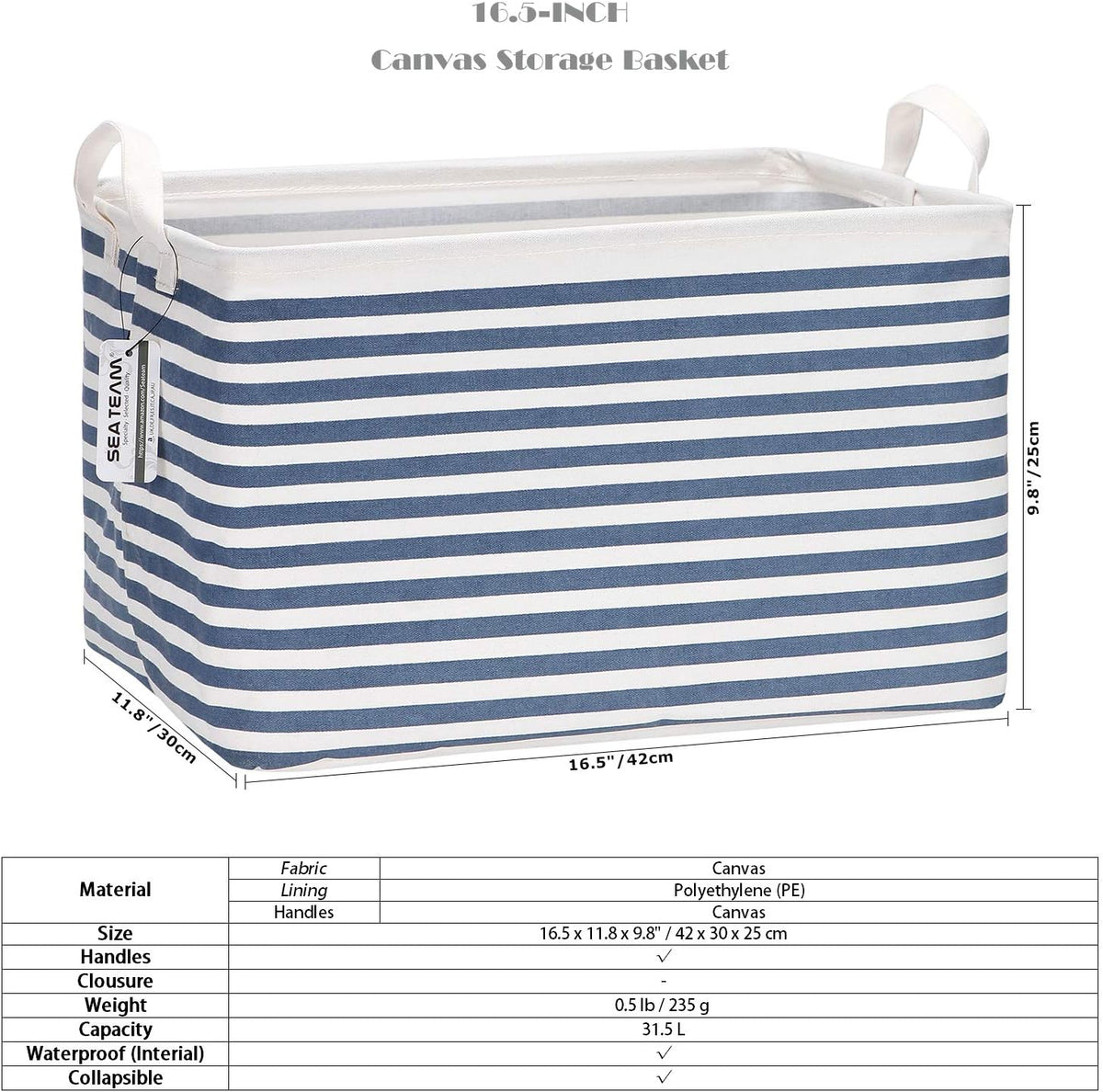 Sea Team 16.5 x 11.8 x 9.8 inches Square Canvas Fabric Storage Bins Shelves Storage Baskets Organizers for Nursery & Kid's Room, Grey Stripe - PuriLite