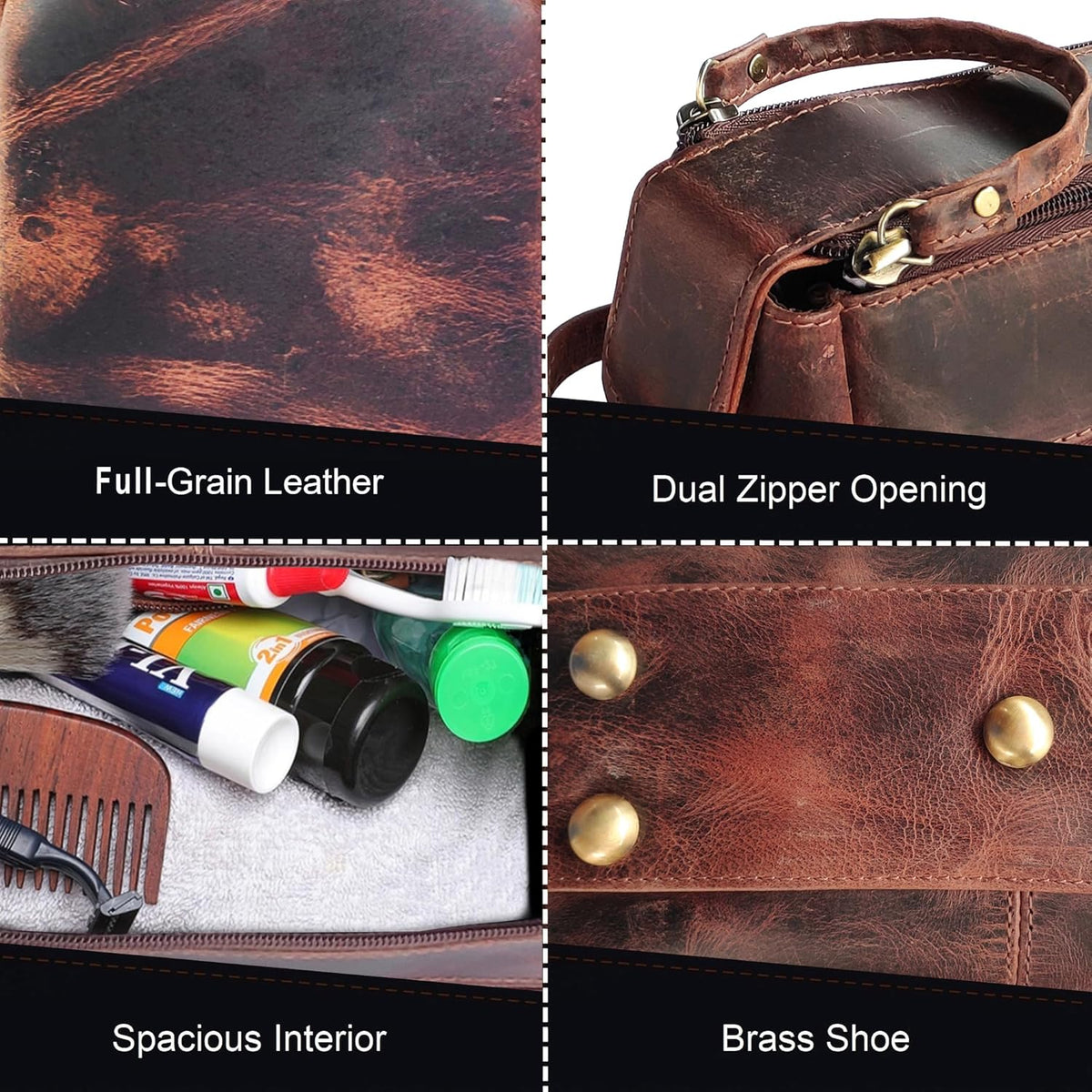 Genuine Leather Travel Toiletry Bag - Hygiene Organizer Dopp Kit by Rustic Town - PuriLite