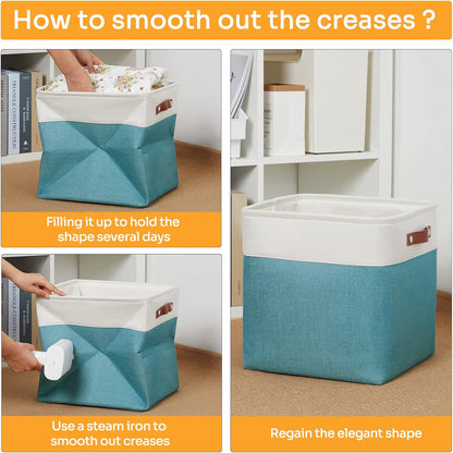 DULLEMELO Storage Baskets for Shelves, Fabric Collapsible Rectangular Storage Bins for Shelves, Closets, Nursery, Home, Office, Empty Gift Baskets (White&Teal) - PuriLite