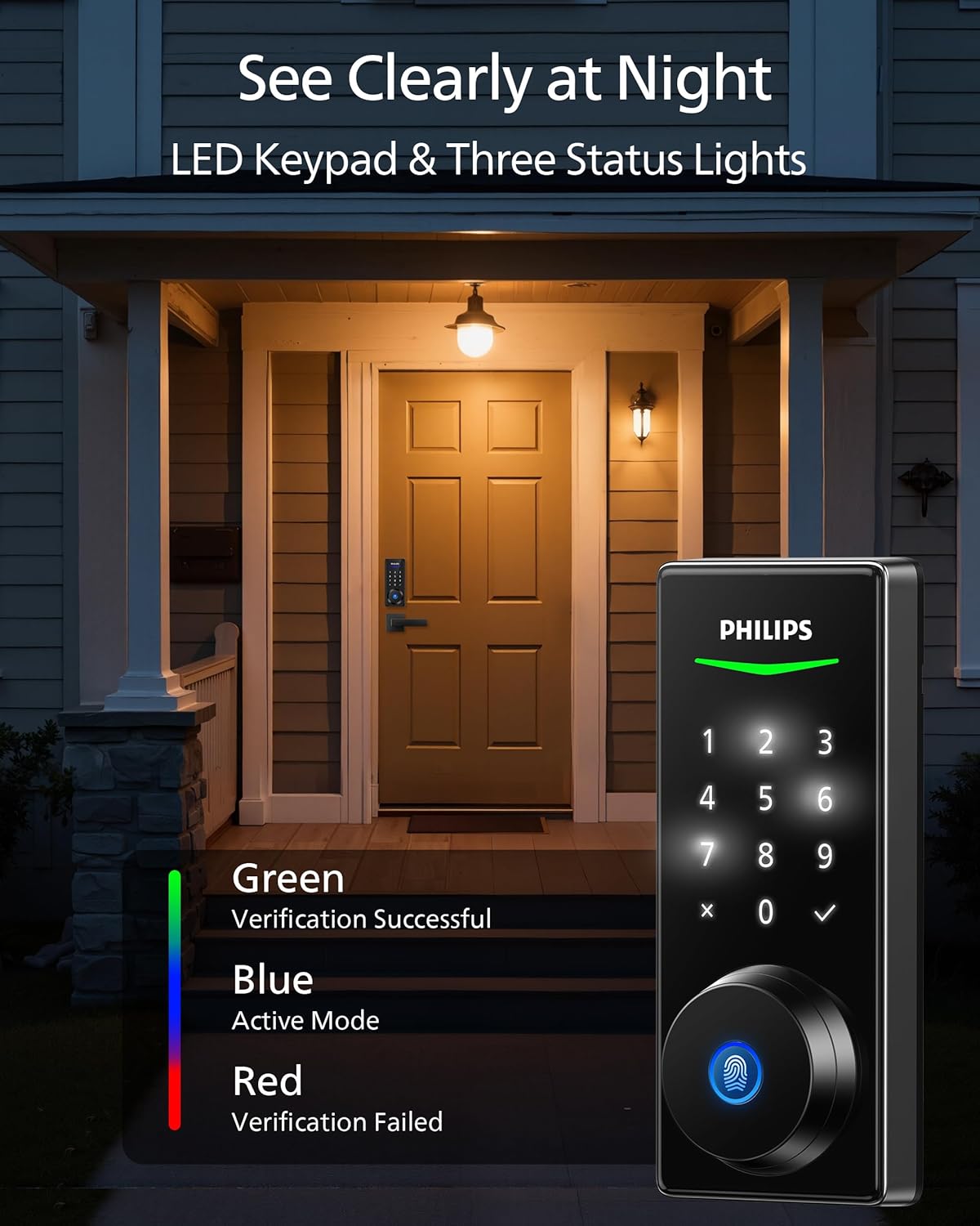 Philips Fingerprint Keyless Entry Door Lock, Electronic Door Lock with Touchscreen, Long-Lasting Battery, Auto Locking, One-Time Code, Keypad Deadbolt, One-Touch Locking, Matte Black - PuriLite