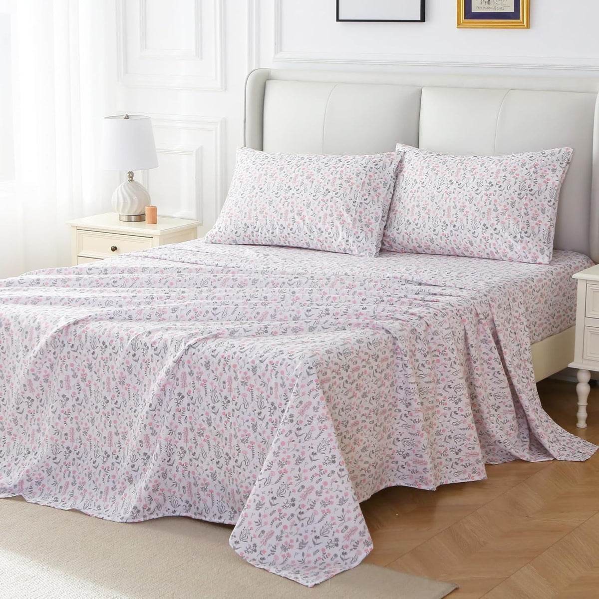 Viviland Floral Queen Sheet Set - 4 Piece Vintage Pink & Yellow Flower Patterned Bed Sheets - Soft, Breathable Microfiber Sheets with Deep Pocket, Non-Slip Fitted Sheets & Pillowcases - PuriLite