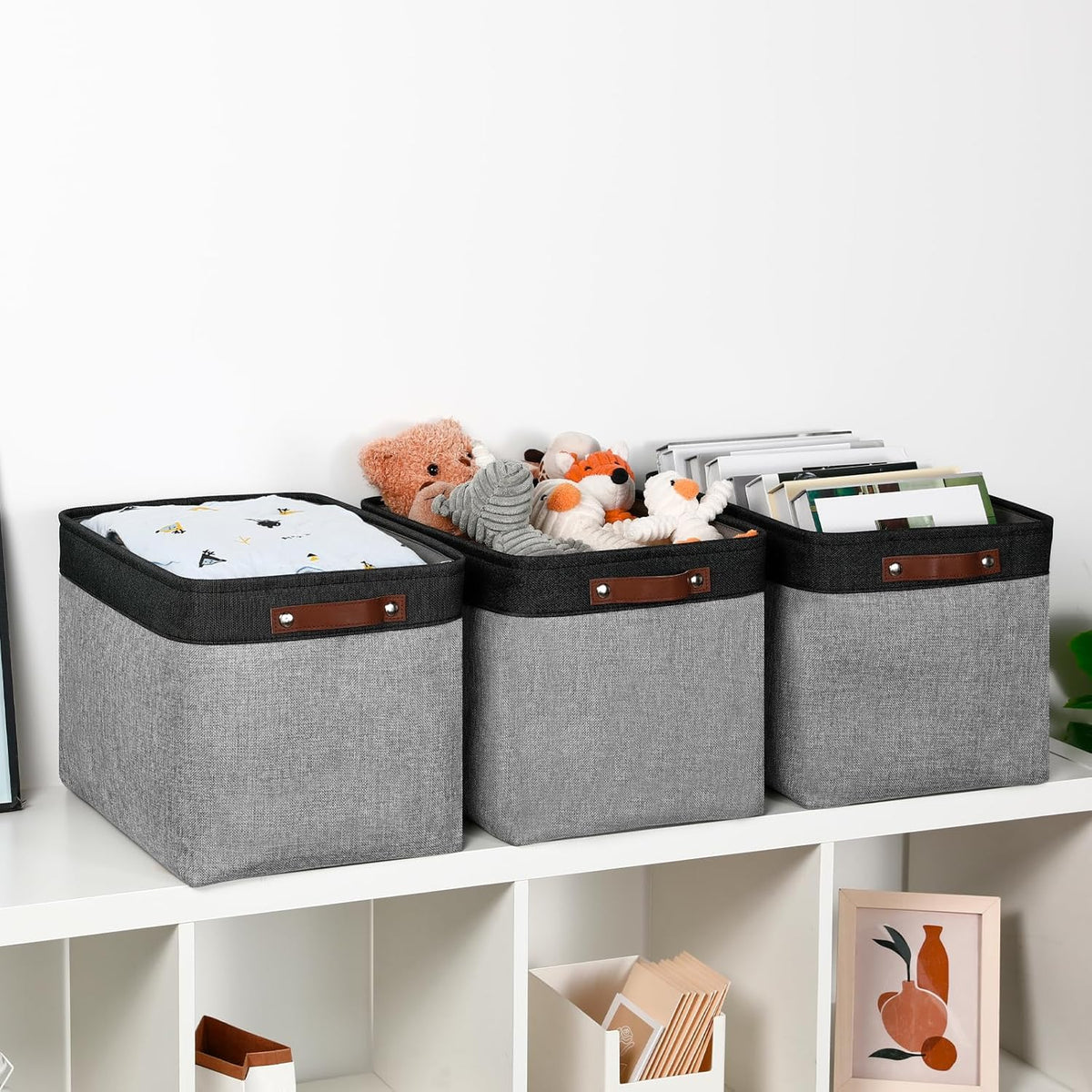 DULLEMELO Storage Baskets for Shelves, Fabric Collapsible Rectangular Storage Bins for Shelves, Closets, Nursery, Home, Office, Empty Gift Baskets (White&Teal) - PuriLite