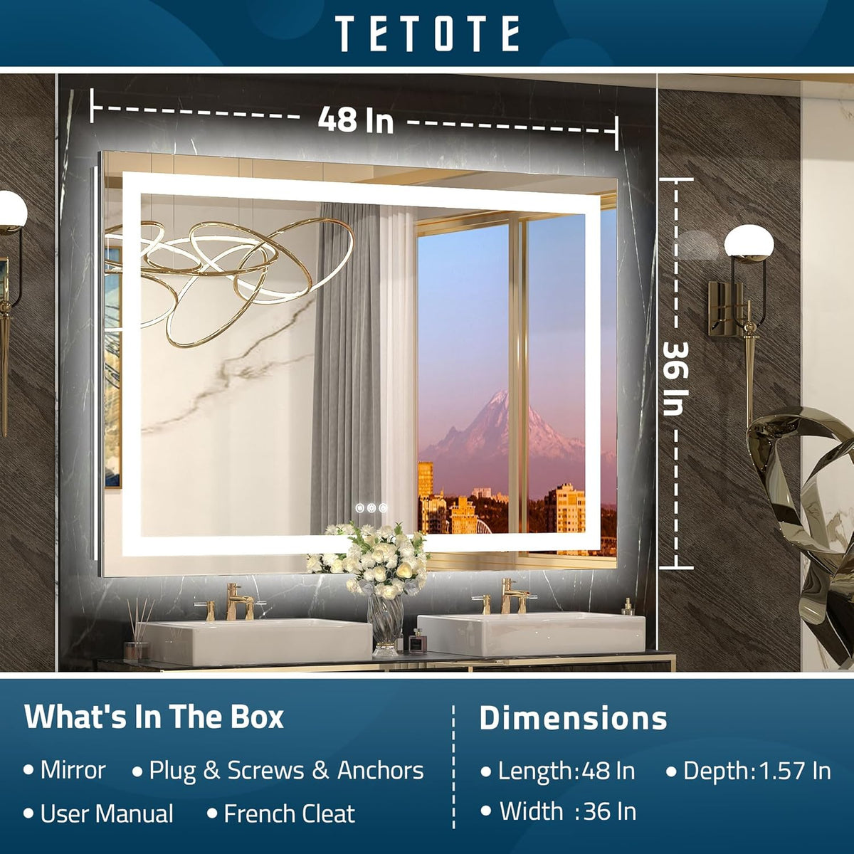 TETOTE LED Bathroom Mirror 20x28 Frontlit & Backlit Lighted Vanity Mirror Anti Fog Stepless Dimmable 3 Colors White/Warm/Natural,Double Lights,Wall-Mounted(Horizontal/Vertical) - PuriLite