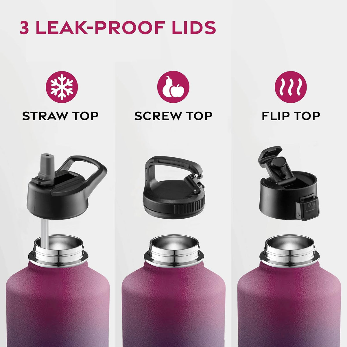 FineDine Water Bottle - Stainless Steel Insulated Water Bottle with Straw Lid, Flip Lid & Wide-Mouth Cap - Keeps Hot and Cold - 25 Oz / 739ml - Pure Pearly White - PuriLite