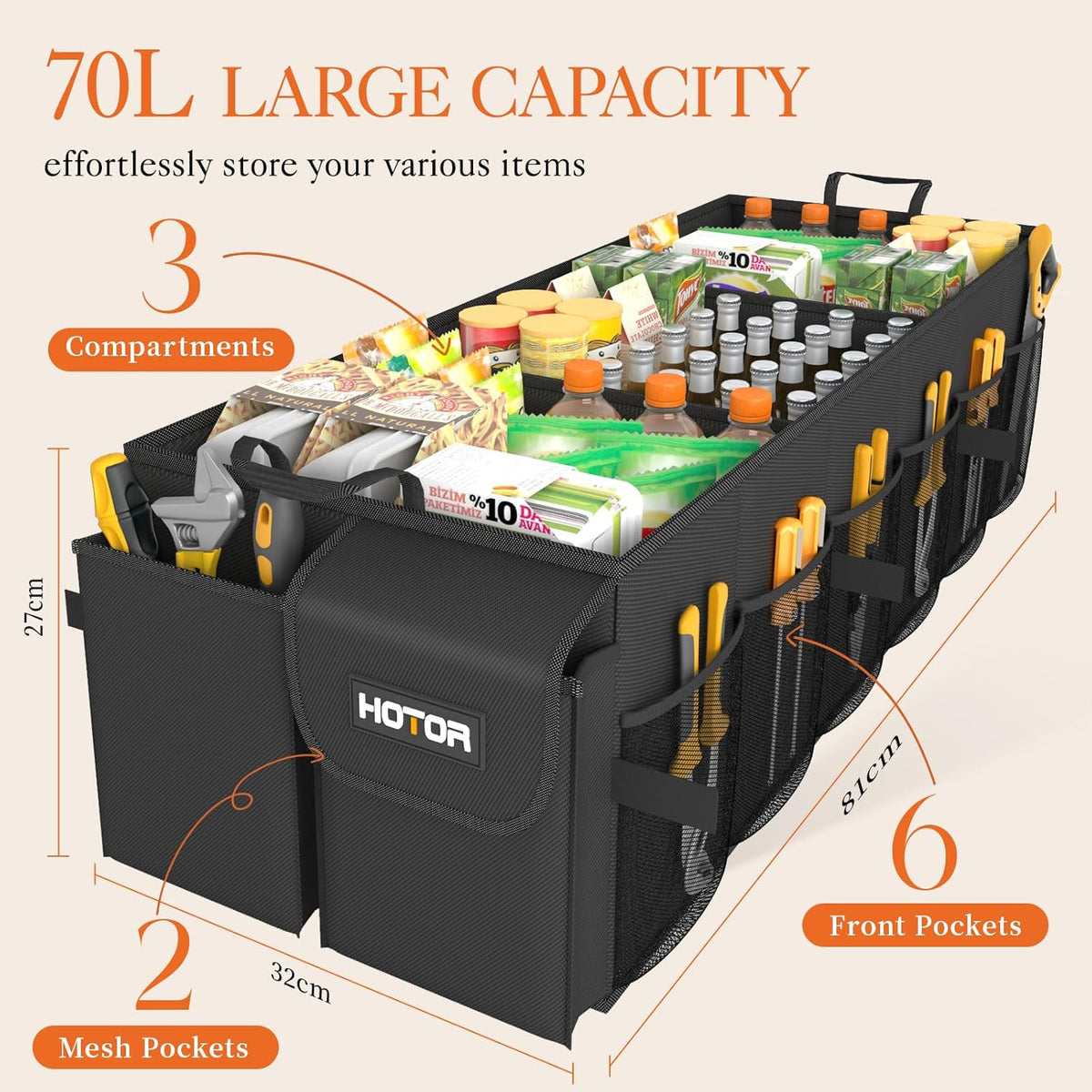 HOTOR Trunk Organizer - Car Organizer, Foldable Trunk organizer for SUVs & Sedans, Car Accessories, Tools, Sundries, 2 Compartments, Black - PuriLite