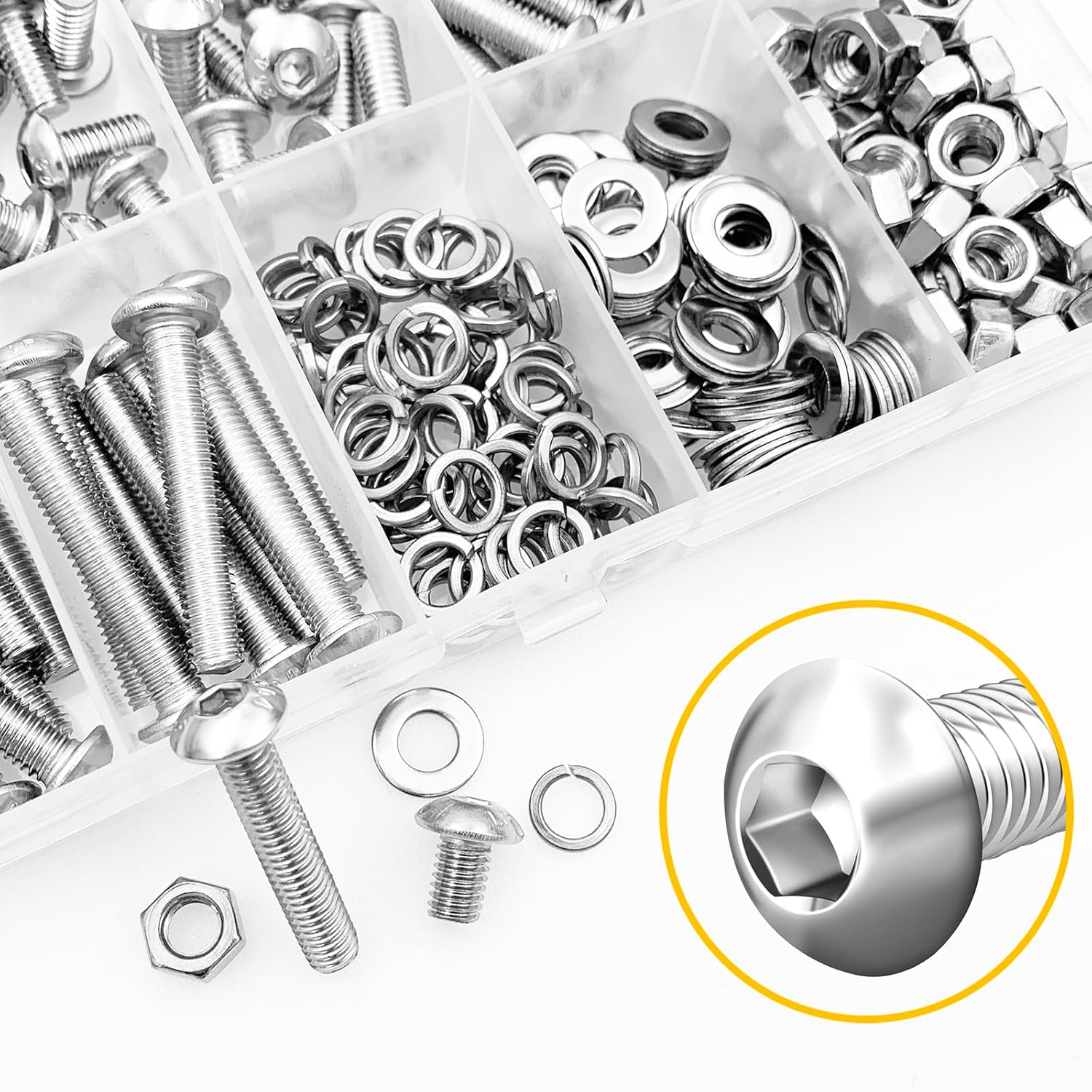 Mywish 900Pcs Metric Screw Assortment, M3 M4 M5 M6 Screw Assortment Kit 304 Stainless Steel Hex Socket Button Head Socket Cap Metric Screws Bolts & Flat Washers/Nuts/Hex Wrenches 16 Sizes 8MM to 20MM - PuriLite