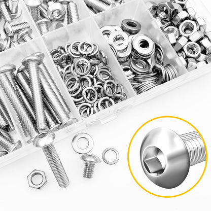 Mywish 900Pcs Metric Screw Assortment, M3 M4 M5 M6 Screw Assortment Kit 304 Stainless Steel Hex Socket Button Head Socket Cap Metric Screws Bolts & Flat Washers/Nuts/Hex Wrenches 16 Sizes 8MM to 20MM - PuriLite