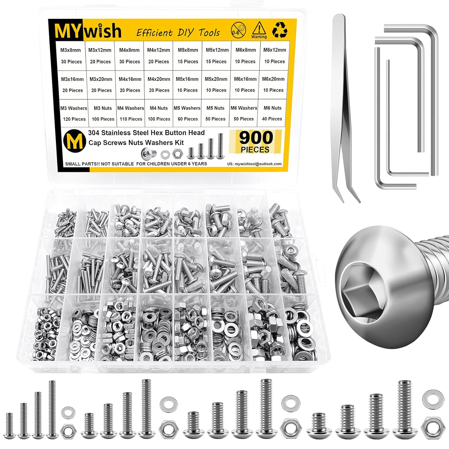 Mywish 900Pcs Metric Screw Assortment, M3 M4 M5 M6 Screw Assortment Kit 304 Stainless Steel Hex Socket Button Head Socket Cap Metric Screws Bolts & Flat Washers/Nuts/Hex Wrenches 16 Sizes 8MM to 20MM - PuriLite