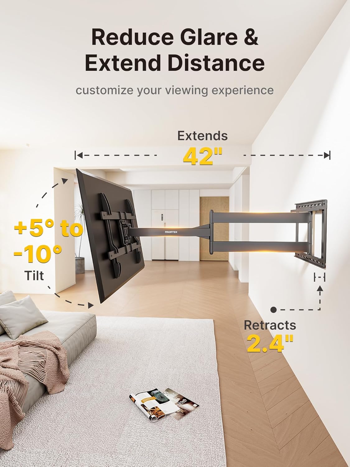 monTEK Long Arm TV Wall Mount for Most 43-90 Inch TVs, 42.5 Inch Long Extension TV Mount Swivel and Tilt, Full Motion Wall Mount TV Bracket Fit Max VESA 800 x 400mm, Up to 132 lbs, 16”,18” Studs - PuriLite