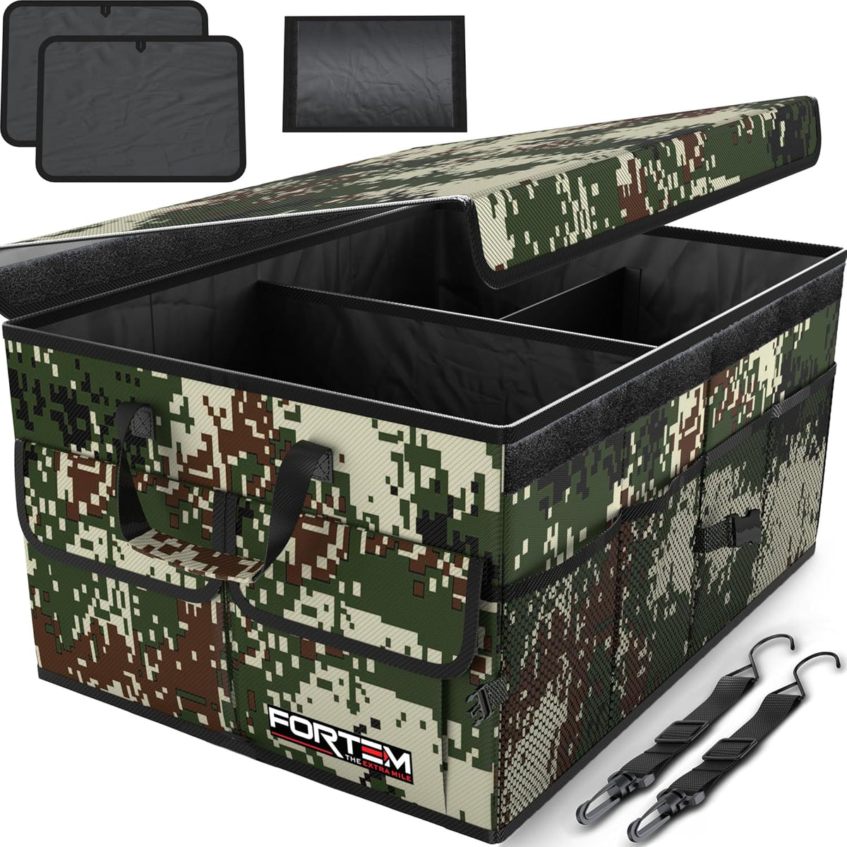 FORTEM Car Trunk Organizer, Collapsible Multi Compartment Car Organizer, Foldable SUV Storage for Car Accessories for Women Men, Non Slip Bottom, Securing Straps, Soft Cover 50L (Black, Standard) - PuriLite