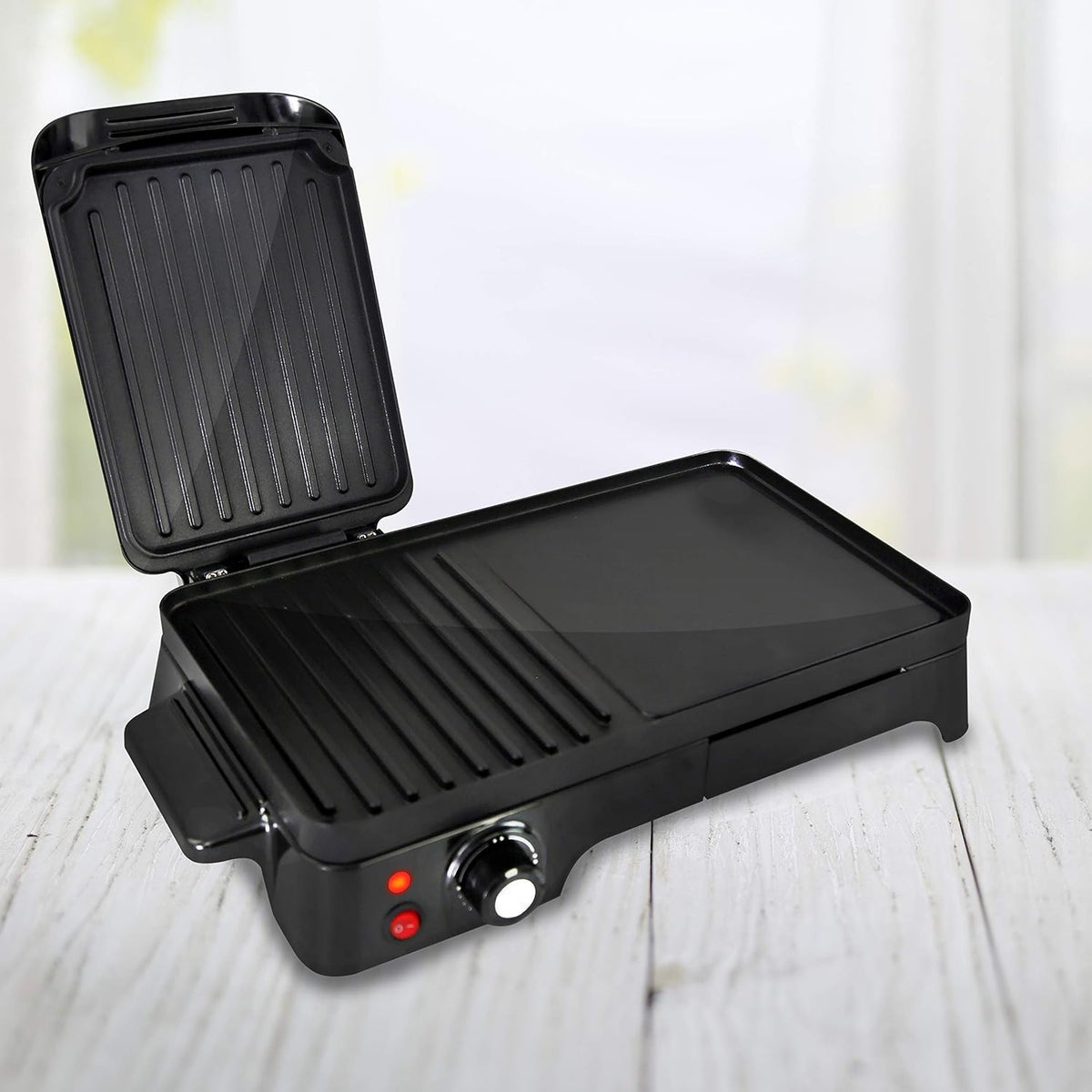 NutriChef Electric Griddle - Dual Hot Plate Cooktop Crepe Maker with Press Grill, Nonstick Coating, Rotary Temperature Control, Plug-in Operation & Oil Tray for Kitchen & Countertop (PKGRIL43) - PuriLite