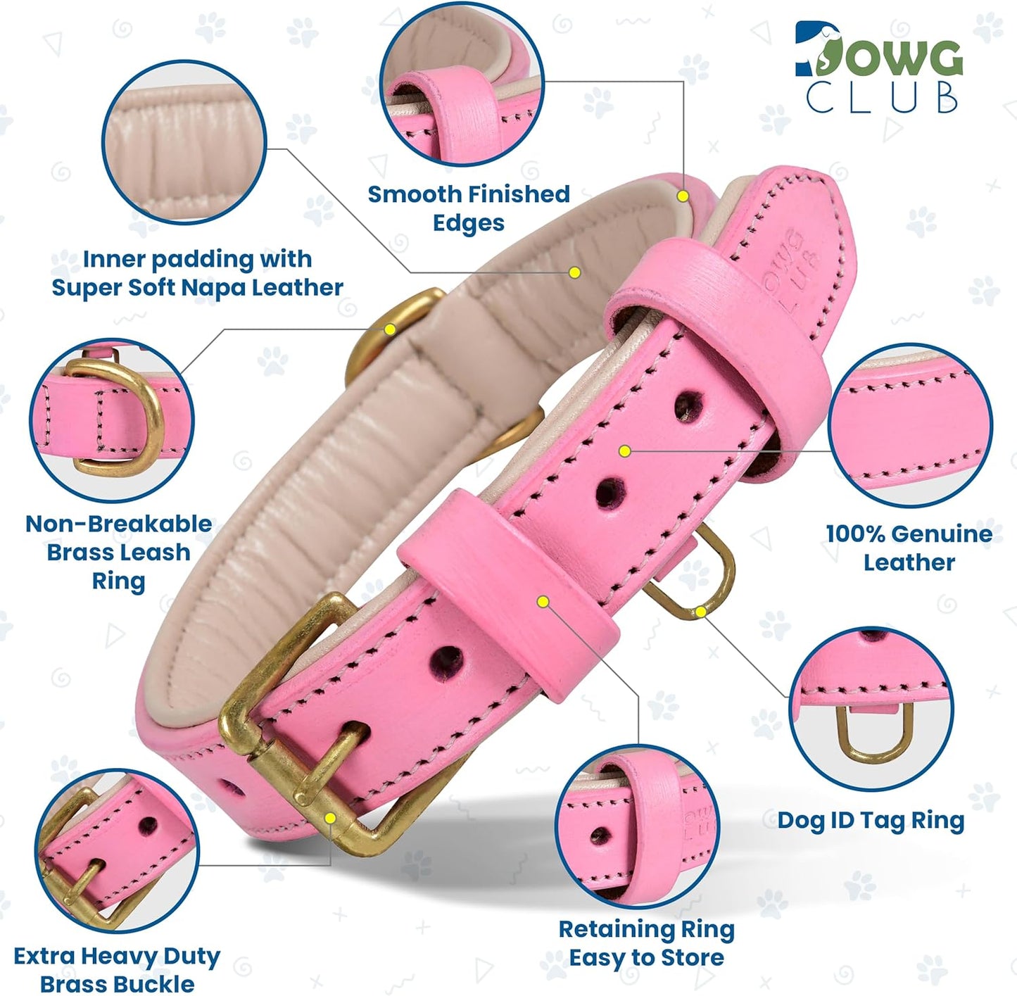 DowgClub | Genuine Leather Dog Collar | Full Grain, Heavy Duty | Comfortable, Strong | Best for Pups, Small, Medium & Large Breeds | Pink, Brown, Black, Tan - PuriLite