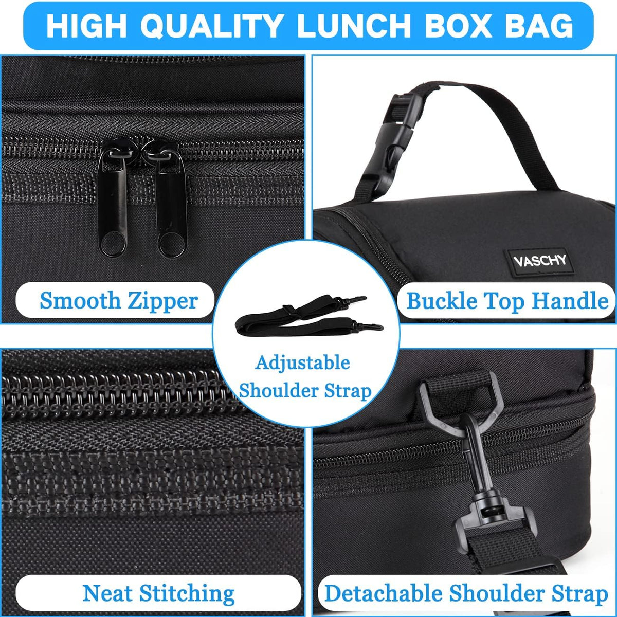 VASCHY Lunch Box Bag Men, Insulated Two Compartments Bento Cooler Bags for Adults/Women/Kids for School,Daycare,Kindergarten,Picnic Black - PuriLite