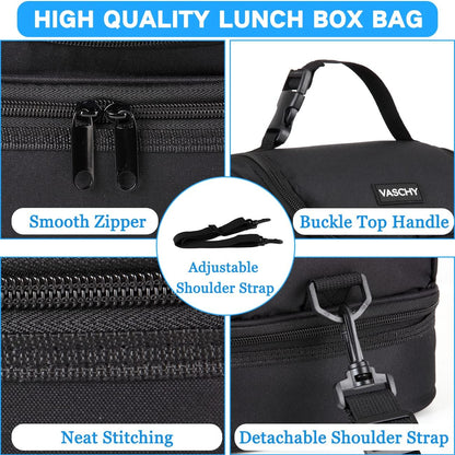 VASCHY Lunch Box Bag Men, Insulated Two Compartments Bento Cooler Bags for Adults/Women/Kids for School,Daycare,Kindergarten,Picnic Black - PuriLite