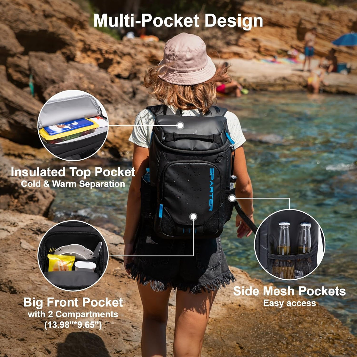 SPARTER Backpack Cooler Insulated Leak Proof 33/49 Cans, 2 Insulated Compartments Thermal Bag, Portable Lightweight Beach Travel Camping Lunch Backpack for Men and Women - PuriLite