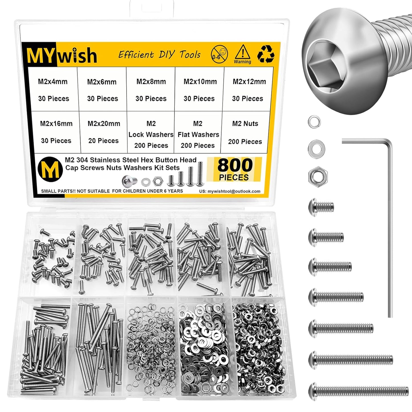 Mywish 900Pcs Metric Screw Assortment, M3 M4 M5 M6 Screw Assortment Kit 304 Stainless Steel Hex Socket Button Head Socket Cap Metric Screws Bolts & Flat Washers/Nuts/Hex Wrenches 16 Sizes 8MM to 20MM - PuriLite
