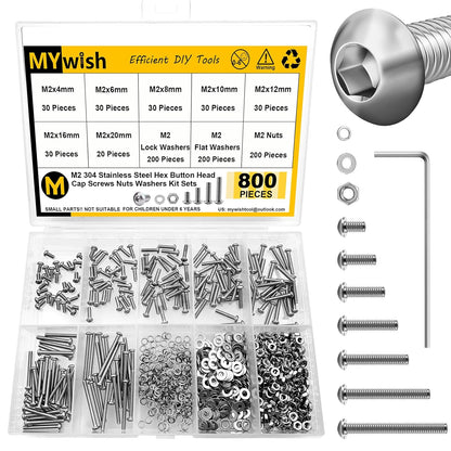 Mywish 900Pcs Metric Screw Assortment, M3 M4 M5 M6 Screw Assortment Kit 304 Stainless Steel Hex Socket Button Head Socket Cap Metric Screws Bolts & Flat Washers/Nuts/Hex Wrenches 16 Sizes 8MM to 20MM - PuriLite