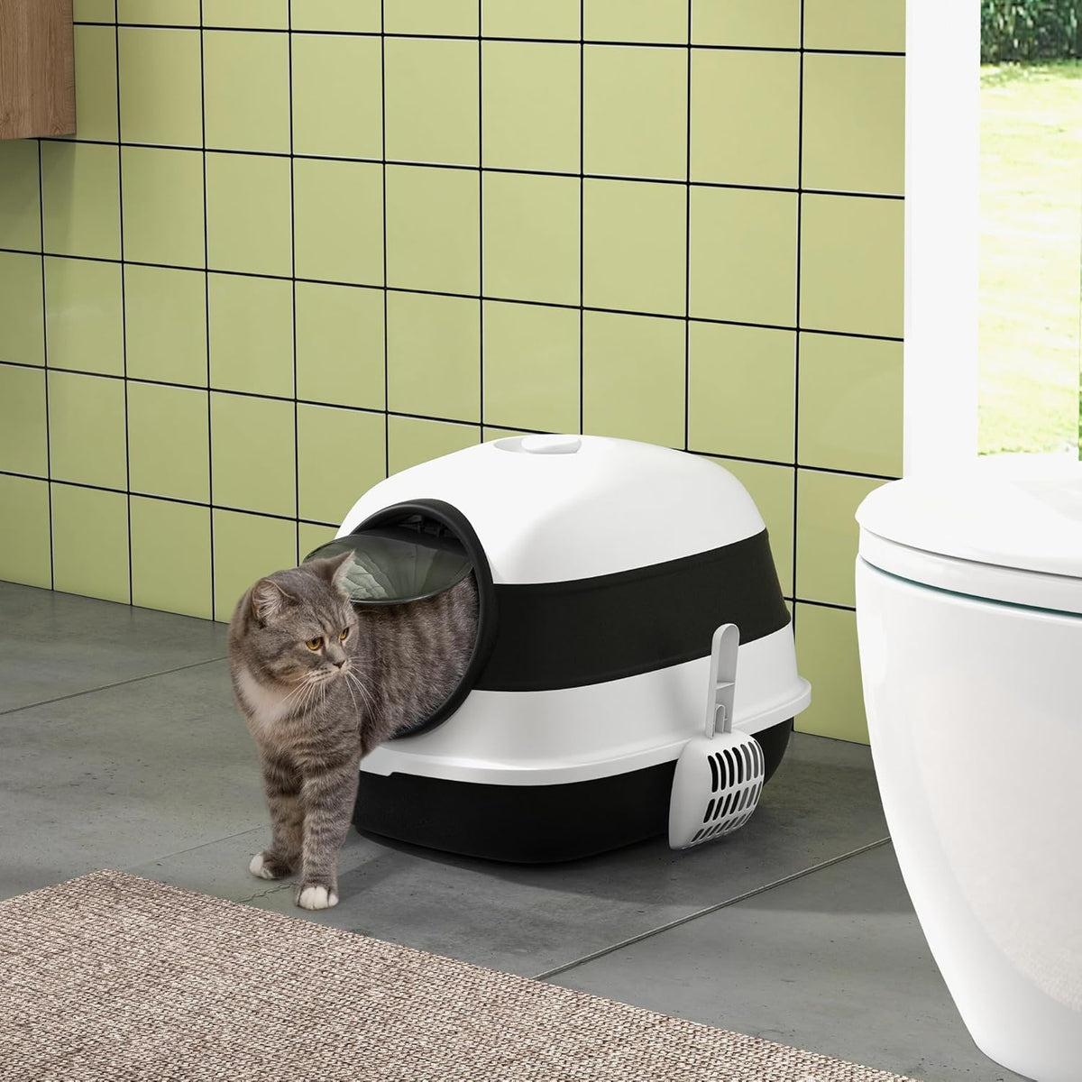 PawHut Foldable Large Cat Litter Box with Lid, Covered Kitten Litter Box w/Automatic Cat Litter-Proof Sides, Deodorization, Easy to Clean, White and Grey - PuriLite