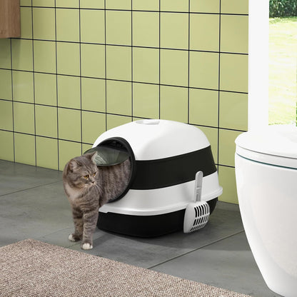 PawHut Foldable Large Cat Litter Box with Lid, Covered Kitten Litter Box w/Automatic Cat Litter-Proof Sides, Deodorization, Easy to Clean, White and Grey - PuriLite