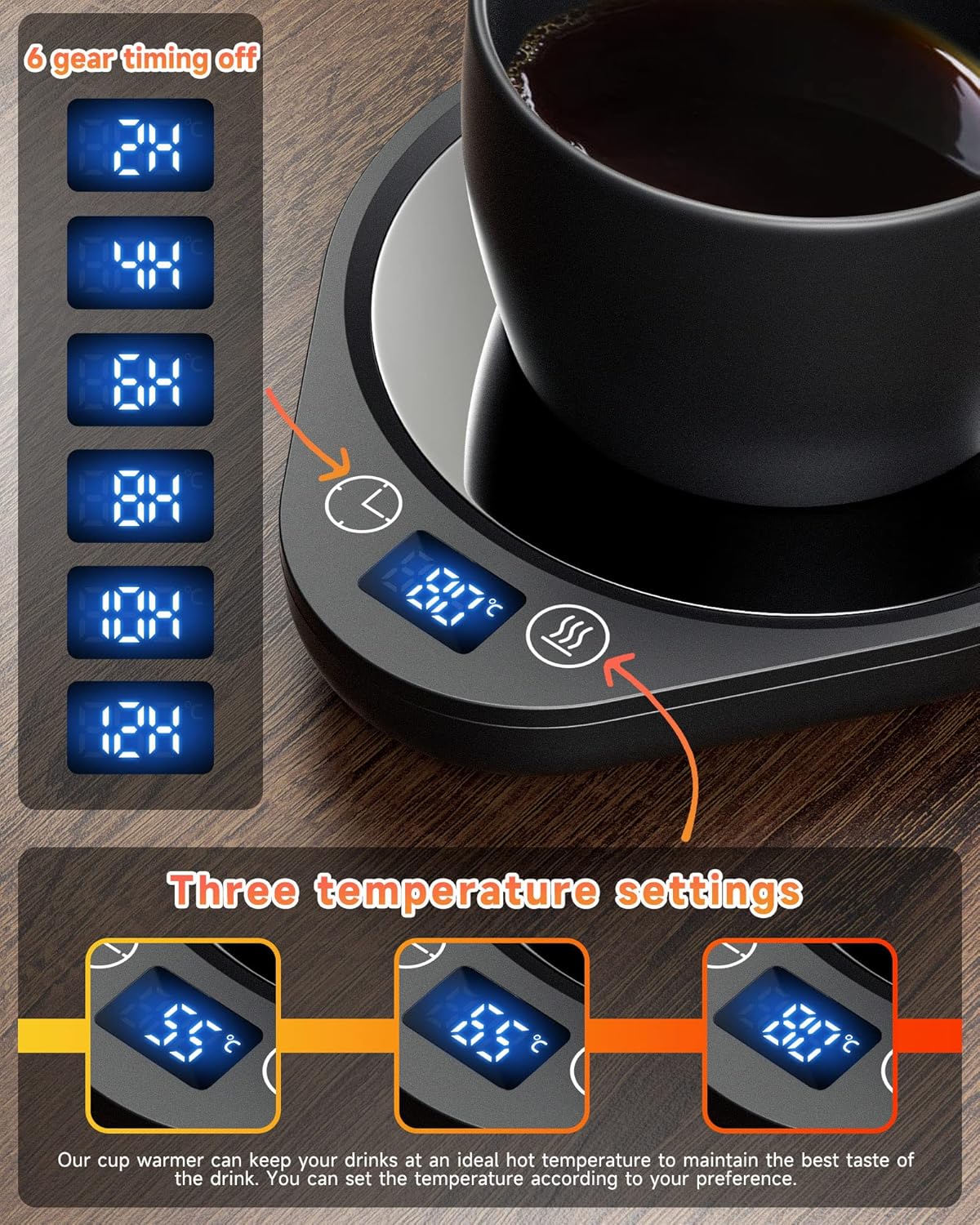 Coffee Mug Warmer Smart Cup Warmer with 3 Temperature Settings Electric Beverage Warmer Plate Auto Shut Off, Coffee, Tea and Milk Warmer for Office Home Desk Use (Cup Not Included) - PuriLite