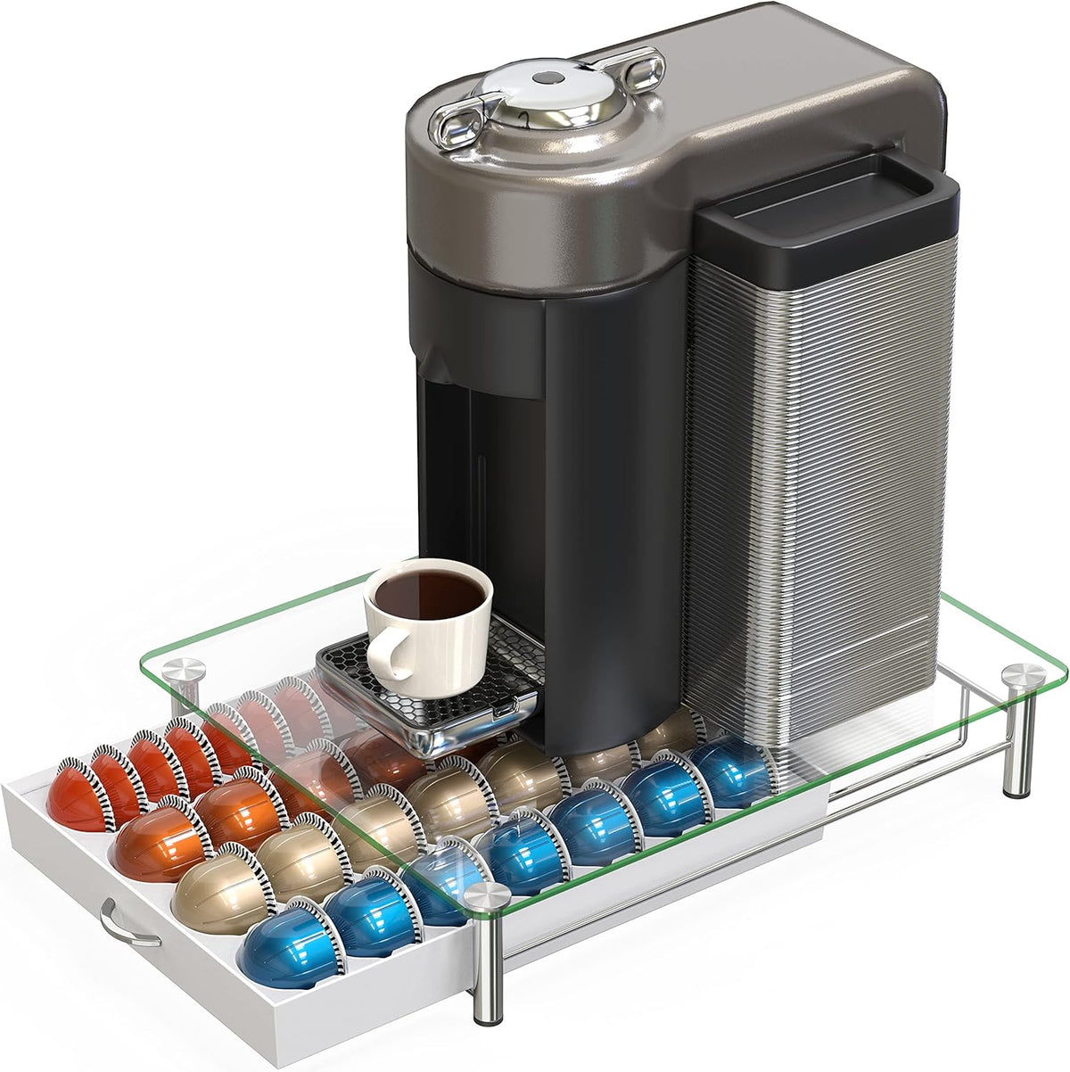 DecoBrothers Vertuo Pod Holder VertuoLine Drawer Storage for Nespresso Coffee Capsules, Crystal Tempered Glass, White - PuriLite