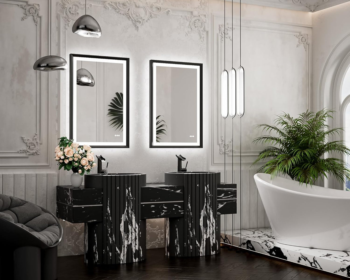 TETOTE 28x36 LED Mirror for Bathroom Black Metal Frame Frontlit & Backlit Lighted Vanity Mirror Baroque Gothic Anti Fog Stepless Dimmable White/Warm/Natural,Wall Mounted(Horizontal/Vertical) - PuriLite