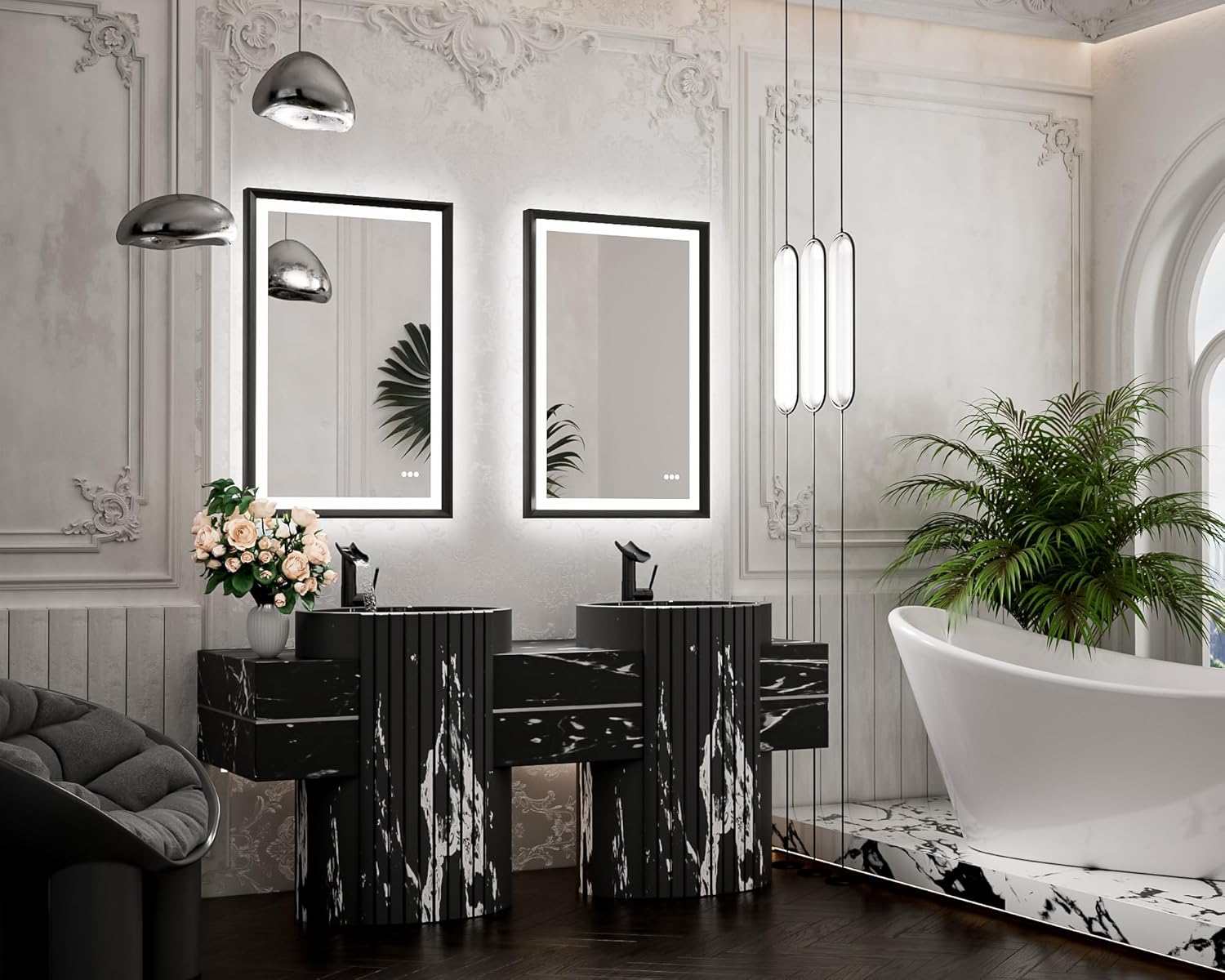 TETOTE 28x36 LED Mirror for Bathroom Black Metal Frame Frontlit & Backlit Lighted Vanity Mirror Baroque Gothic Anti Fog Stepless Dimmable White/Warm/Natural,Wall Mounted(Horizontal/Vertical) - PuriLite