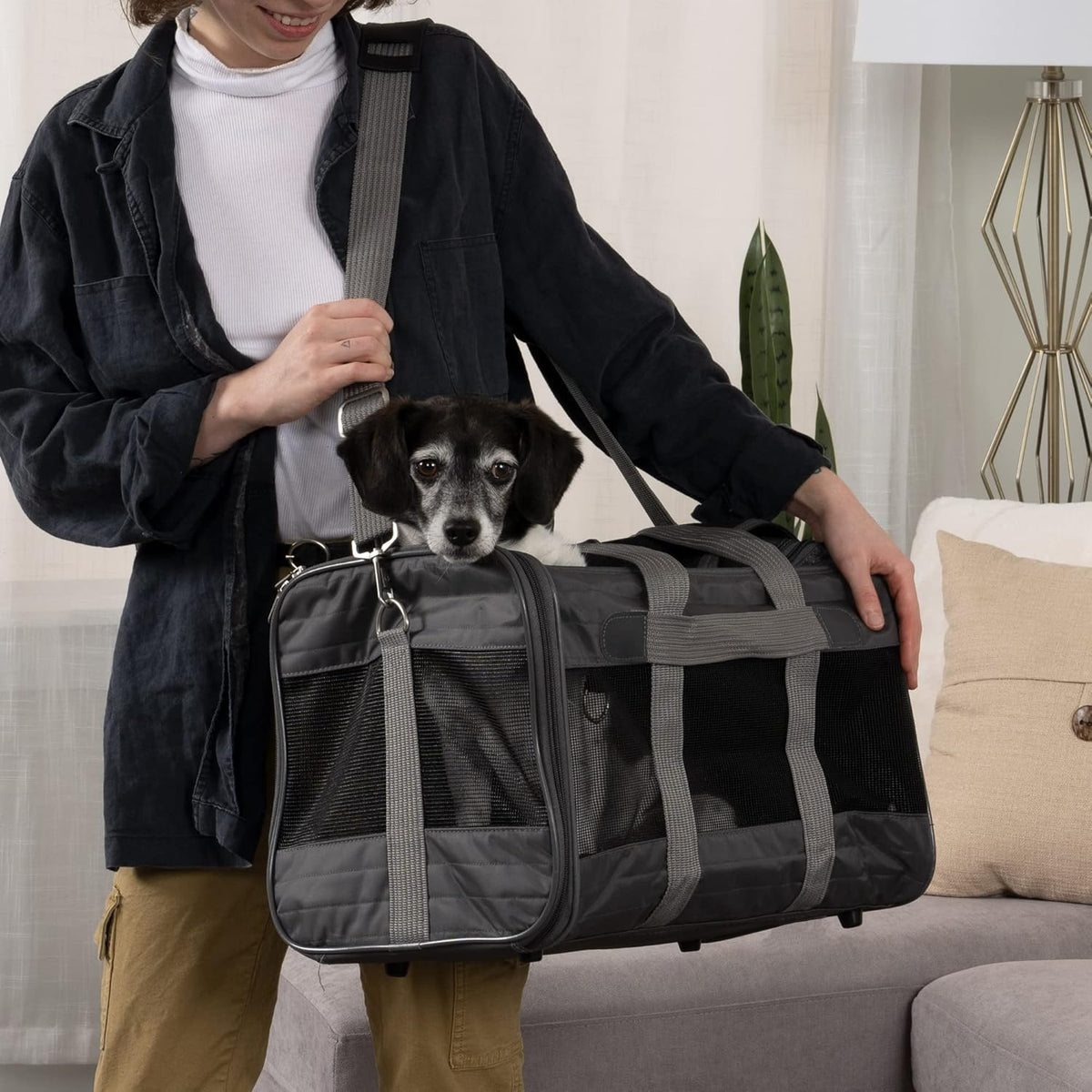 Sherpa Original Deluxe Travel Bag Pet Carrier, Airline Approved & Guaranteed-On-Board - Mesh Panels & Spring Frame, Locking Safety Zippers, Machine Washable Liner - Charcoal Gray, Medium - PuriLite