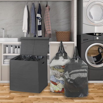 SimpleHouseware Double Laundry Hamper with Lid and Removable Laundry Bags, Beige - PuriLite