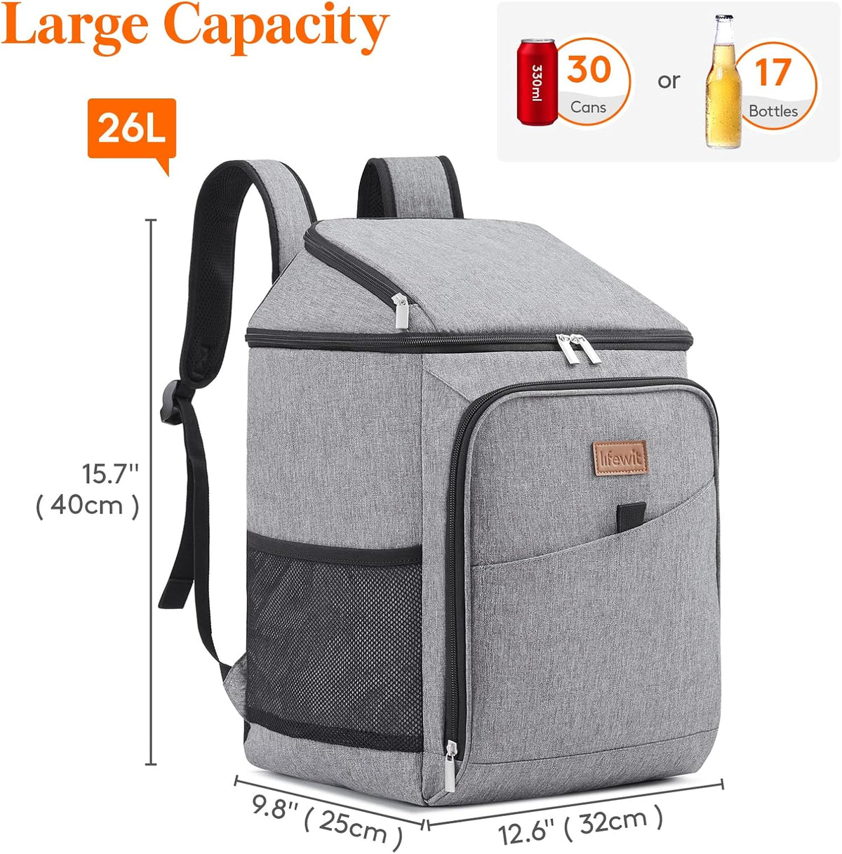 Lifewit 26L 34-Can Insulated Cooler Backpack Cool Bag, Large Picnic Bag Leakproof Portable Fridge Soft Food Cooler Box for Men Women for Outdoor/Picnic/Beach/BBQ/Camping/Travel/Family - PuriLite