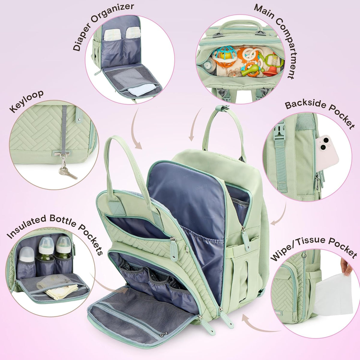 Diaper Bag Backpack, iniuniu Large Baby Bags with Diaper Pouch, Washable Changing Pad, Pacifier Case and Stroller Straps - PuriLite