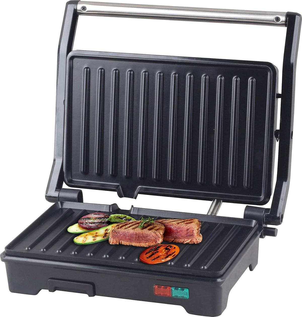 Panini Press Grill and Sandwich Maker 180 Degree Open Ceramic Plates Stainless Steel Finish - PuriLite
