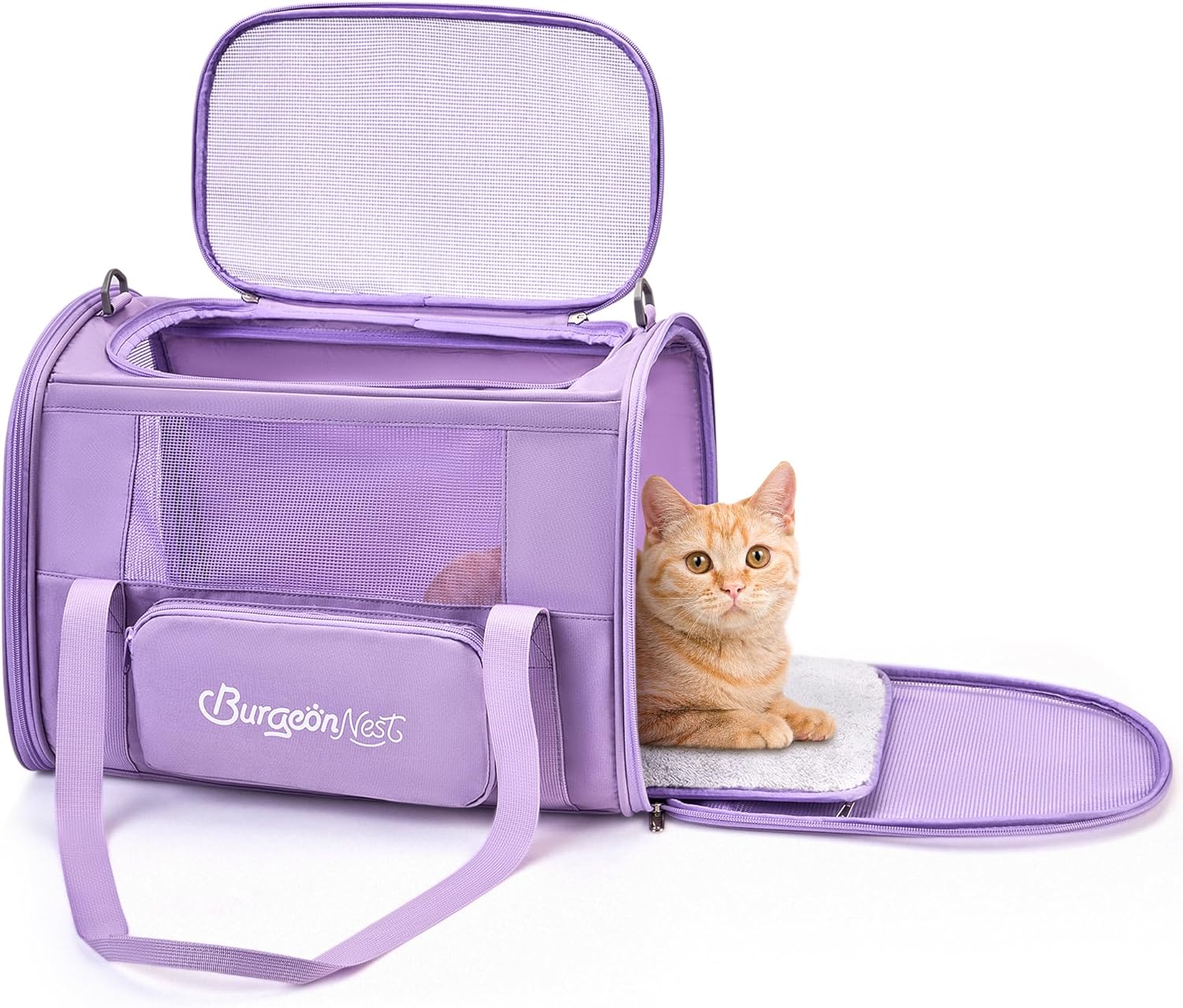 BurgeonNest Cat Carriers for Medium Cats Under 25 lbs, Pet Carrier for Cats with Unique Side Bag,Top Load Small Pet Carrier Soft-Sided Escape Proof with 4 Ventilated Windows - PuriLite