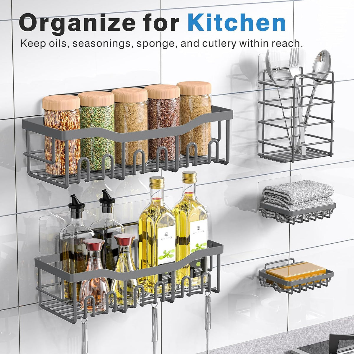 EUDELE 5-Pack Rustproof Stainless Steel Shower Caddy – No Drill Adhesive Bathroom Organizer with Large Capacity, Spacious Shower Shelves for Inside Shower, Kitchen & Home Decor Storage - PuriLite