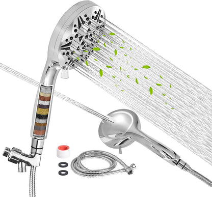 High Pressure Filtered Shower Head, Handheld Shower with 8-Mode Settings 2-Power Jet with Pause Switch, Ideal for Shower Cubicles, Tubs, and Pet Cleaning (Includes Hose & Bracket) - PuriLite