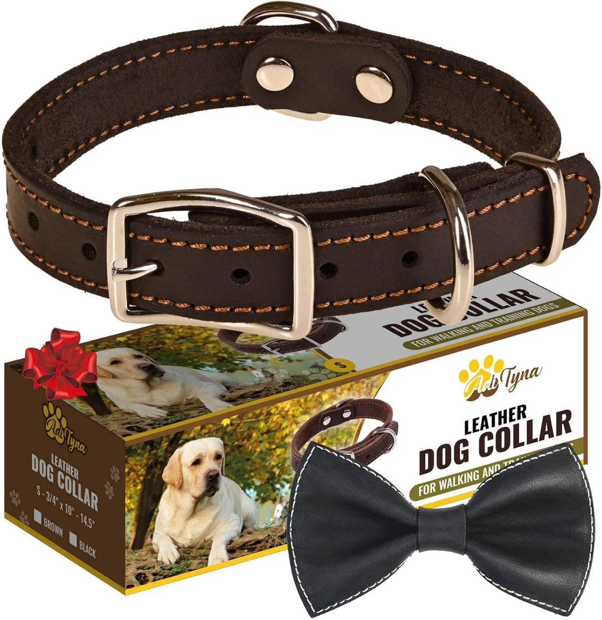 ADITYNA Heavy-Duty Leather Dog Collar for Medium Dogs - Soft and Strong, 100% Genuine Leather - Collier Pour Chien (Medium: Fit 13" - 20" Neck, Brown) - PuriLite