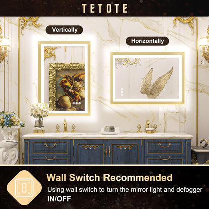 TETOTE 28x36 LED Mirror for Bathroom Black Metal Frame Frontlit & Backlit Lighted Vanity Mirror Baroque Gothic Anti Fog Stepless Dimmable White/Warm/Natural,Wall Mounted(Horizontal/Vertical) - PuriLite