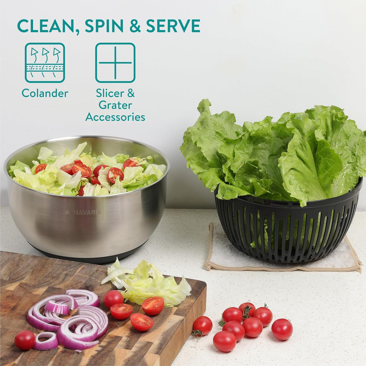 Navaris Salad Spinner with Lid - Salad Spinner Stainless Steel - Salad Dryer - Easy Washing, Drying and Spinning - Includes Grating and Slicing Discs - PuriLite
