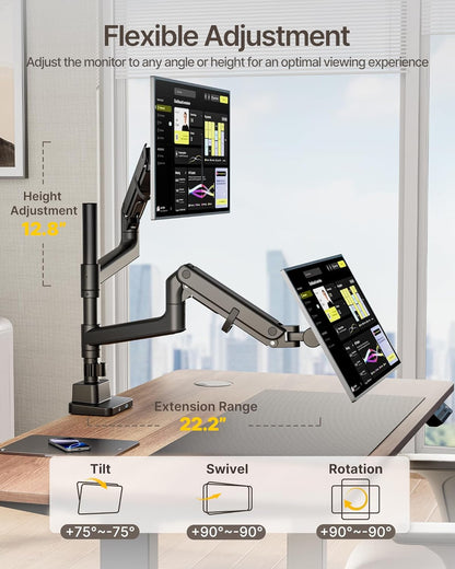monTEK 17-57 Inch Dual Ultrawide Monitor Arm for Up to 59.4lbs Screen, Aluminum Heavy-Duty Gas Spring Vertical Stackable Curved Screen Adjustable Monitor Stand,75/100mm Vesa Mount, Black - PuriLite