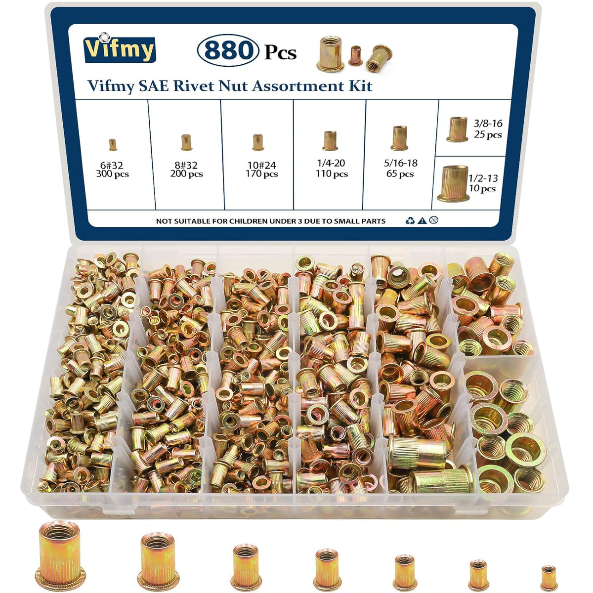 Vifmy Metric & SAE Rivet Nut Assortment Kit(420 Pcs),m3 m4 m5 m6 m8 m10 m12#6-32#8-32#10-24 1/4"-20 5/16"-18 3/8"-16 UNC Flat Head Rivnut Set,Zinc Plated Finish Carbon Steel Nutsert - PuriLite